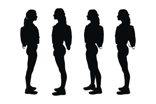 Female lifeguards with muscular bodies silhouette set vector. Anonymous beach lifeguard woman without faces standing in different positions. Modern girl lifeguards wearing uniforms silhouette bundles.