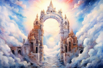 Majestic gate with stairs to heaven. Boundless cloudy shining sky. Door to bright future. Generative AI