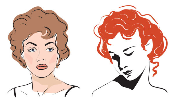 Set of two beautiful different girls. One with brown hair, the other with red hair. Vector image made in various techniques.