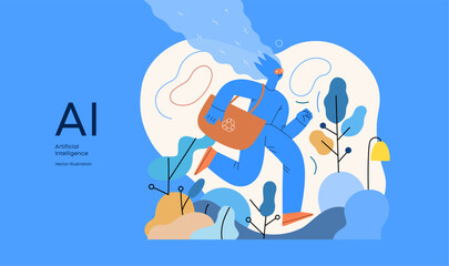 Artificial intelligence, Ecology -modern flat vector concept illustration of AI effectively managing responsible consumption and recycling. Metaphor of AI advantage, superiority and dominance concept