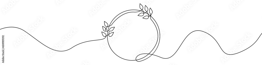 Poster round frame with leaves linear hand drawn continuous icon. decorative frame with one line vector. ro