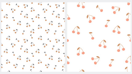 Cute Fruits Seamless Vector Patterns. Red and Light Brown Cherries Isolated on a White Background. Lovely Nursery Art Ideal for Fabric, Textile, Wrapping Paper. Funny Fruits Print.