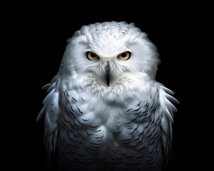 Fototapeta premium A white owl portrait against black. (Generative AI)