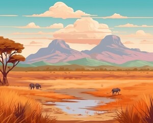 Fototapeta na wymiar There is a mountain in the African savanna national park. (Generative AI)