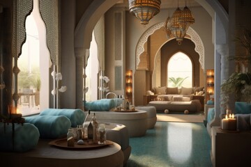 A composition featuring a traditional Moroccan spa room, with mosaic tiles, decorative arches, and spa accessories, promoting relaxation and wellness. Generative AI - obrazy, fototapety, plakaty