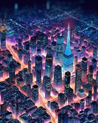 Naklejka na ściany i meble City skyline lit up by neon lights at night. Generative AI