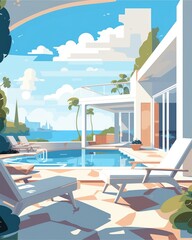 Fototapeta premium A modern luxury villa has a pool and lounging area. (Generative AI)