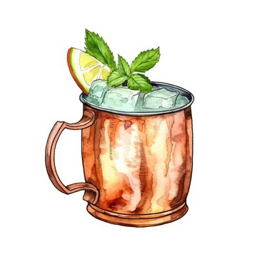 Moscow Mule Cocktail isolated on white drawn with watercolor (generative AI)