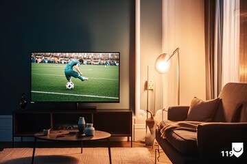 Shot of a TV with Soccer Match. Cozy Evening Living Room with a Chair and Lamps Turned On at Home