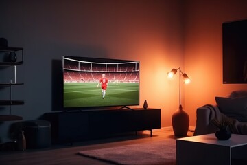 Shot of a TV with Soccer Match. Cozy Evening Living Room with a Chair and Lamps Turned On at Home