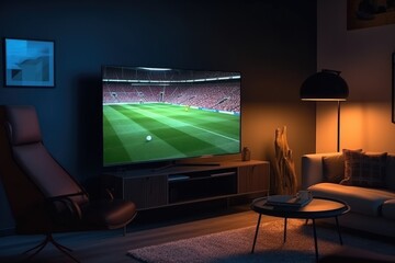 Shot of a TV with Soccer Match. Cozy Evening Living Room with a Chair and Lamps Turned On at Home