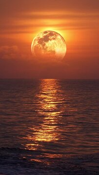 Rising moon over ocean and sea waves vertical video