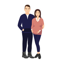 Fototapeta premium Happy relationship and pregnancy concept. Cartoon couple man and pregnant woman standing and hugging. Vector illustration with future parents