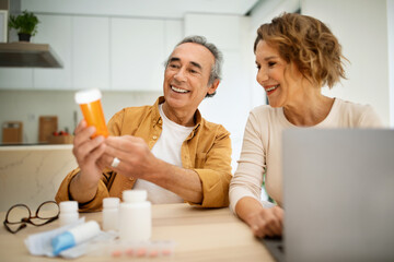 Aged caucasian spouses buying medicines online, senior couple searching prescription for pills with help of laptop