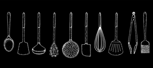 Kitchen, tools, utensil, kitchenware sketch. Hand drawn sketches. Vector illustration. Spatula, ladle, tongs, whisk, slotted spoon, kitchen brush hand drawing illustration.
