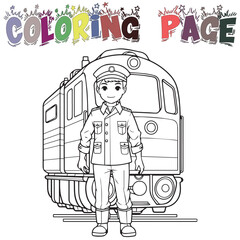 Kid Wear Train Pilote Uniform For Coloring Book Or Coloring Page For Kids Vector Clipart Illustration