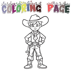 Kid Wear Cowboy's Uniform For Coloring Book Or Coloring Page For Kids Vector Clipart Illustration