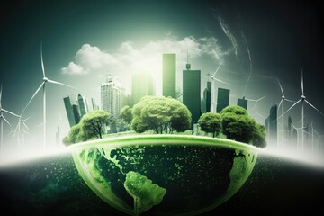 Ecology concept with green city and wind turbines - obrazy, fototapety, plakaty