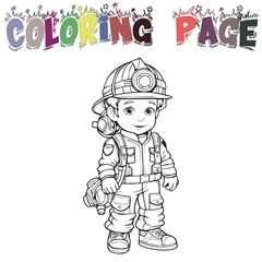 Girl Wear Fire Fighters Uniform For Coloring Book Or Coloring Page For Kids Vector Clipart Illustration
