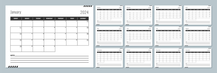 2024 calendar template. Corporate and business planner diary. The week starts on Sunday. Set of 12 months 2024 pages. - obrazy, fototapety, plakaty