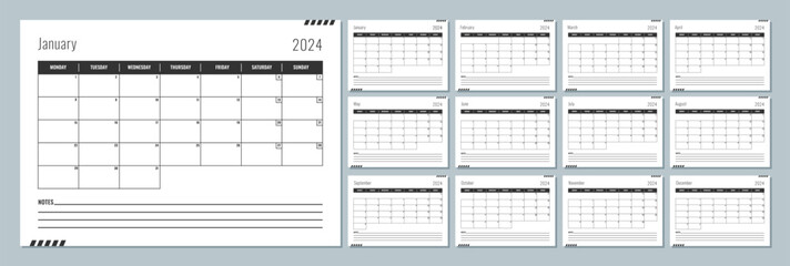 2024 calendar template. Corporate and business planner diary. The week starts on Monday. Set of 12 months 2024 pages.