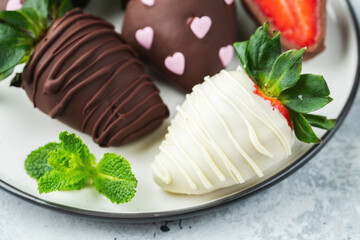 Gourmet chocolate covered strawberries on the light background