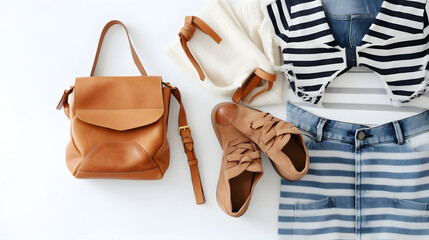 Trendy stylish fashion collage with female clothes and accessories: leather sandals, suede shoulder...
