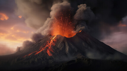 Fototapeta premium Volcanic eruption ejecting fire, lava and ash. Generative AI