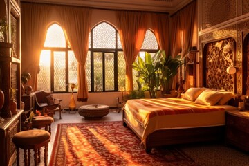 An image of a stylish bedroom in a Moroccan Riad, with carved wooden furniture, colorful textiles, and soft lighting, creating an inviting and serene atmosphere. Generative AI