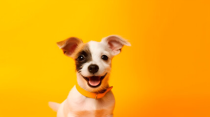 Happy puppy dog smiling on isolated yellow background. Generative AI