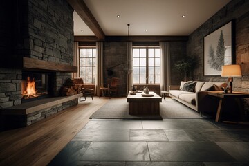 Fototapeta na wymiar Single-family home living room with stoneware floors, pine veneer walls, wooden furniture, and white fireplace. Generative AI