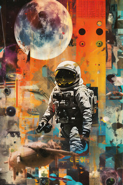 A painting of a man in a space suit with a skateboard