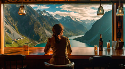 A person enjoying a drink at a bar with a picturesque view in the background. Generative AI - obrazy, fototapety, plakaty