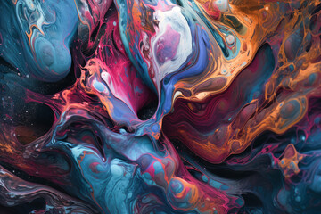Obraz premium Abstract fluid art painting in alcohol ink liquid technique. Imitation of marble stone cut. Blend of colors that creates sheer waves. Background for posters, product packaging. Generative AI