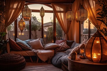 A cozy sitting area in a Moroccan Riad, with comfortable cushions and decorative lanterns, evoking a sense of relaxation and luxury. Generative AI
