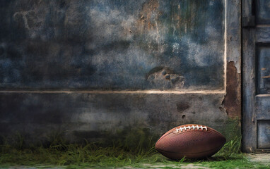 an american football is sitting in the grass against a gritty wall