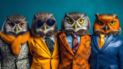Gang family of owl bird in vibrant bright fashionable outfits, commercial, editorial advertisement, surreal surrealism. Group shot. Generative AI