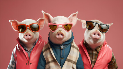 Gang family of pig piggy piglet in vibrant bright fashionable outfits, commercial, editorial advertisement, surreal surrealism. Group shot. Generative AI