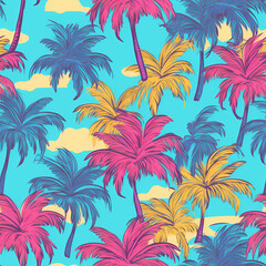 Fototapeta na wymiar Palm trees texture colorfull, cyan and pink design, chill vibes, vaporwave design