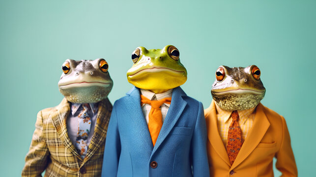 Gang family of frog toad in vibrant bright fashionable outfits, commercial, editorial advertisement, surreal surrealism. Group shot. Generative AI