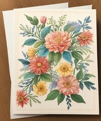 a close up of a card with flowers on it, garden flowers pattern, botanical print, chrysanthemum and tulips, delicate garden on paper, detailed flowers, paper chrysanthemums, vivid vintage coloring, 