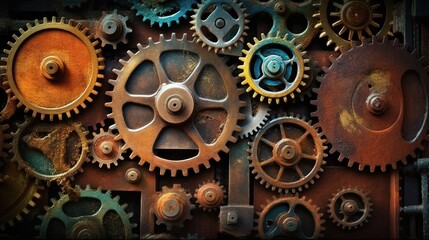 The background is a vintage steampunk machinery with rusty gears. (Generative AI)