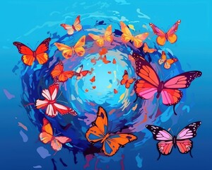 Multi-coloured butterflies fly from oil paint on blue background. (Generative AI)
