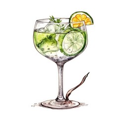 Gin and tonic Cocktail isolated on white drawn with watercolor (generative AI) - obrazy, fototapety, plakaty