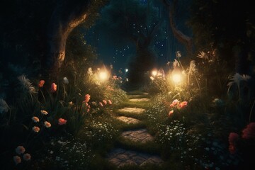 Fototapeta na wymiar Enchanted forest at night with sparkling lights. Mysterious fairy landscape with pathway through blooming flowers under moonlight. Generative AI