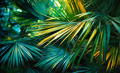 close up image of palm leaves that look like they grow out of leaves of a tropical plant