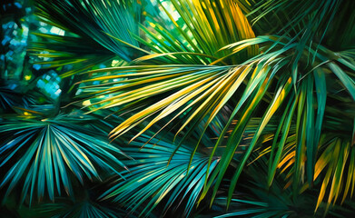 Obraz premium close up image of palm leaves that look like they grow out of leaves of a tropical plant