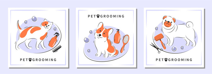 Pet grooming. Set of design for pet care salon. Cartoon dogs character with different tools for animal hair grooming. Vector illustration
