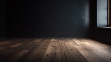 Dark room with an empty dark colored wall with a wooden floor Generative AI