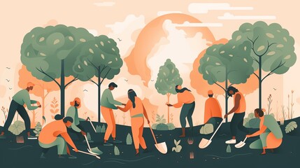 Illustration of a group of people planting trees in a barren field Generative AI
